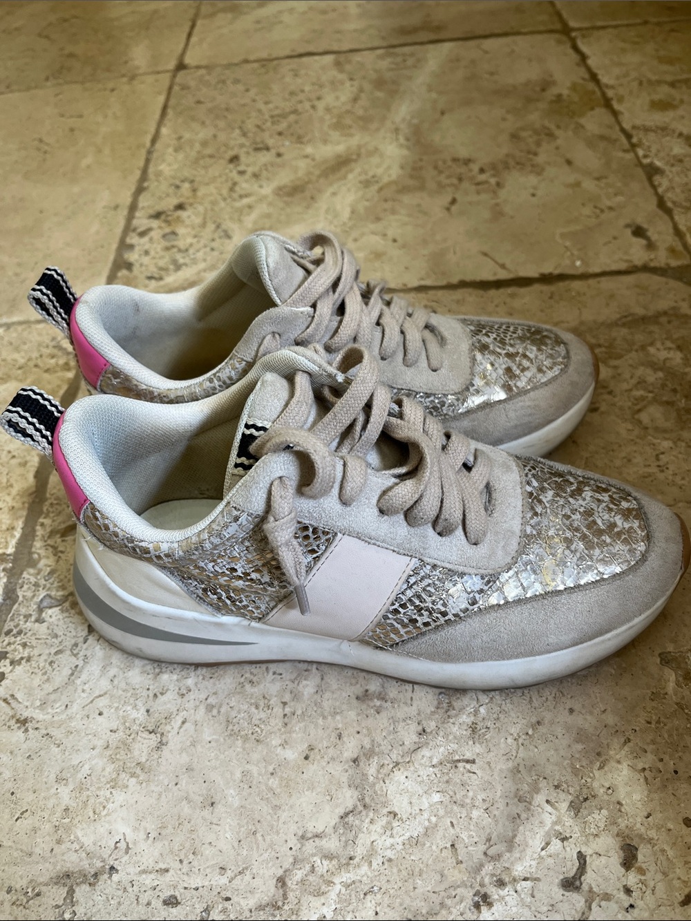 ShuShop Beige Snake-Print Sneakers with Pink Heel Tab